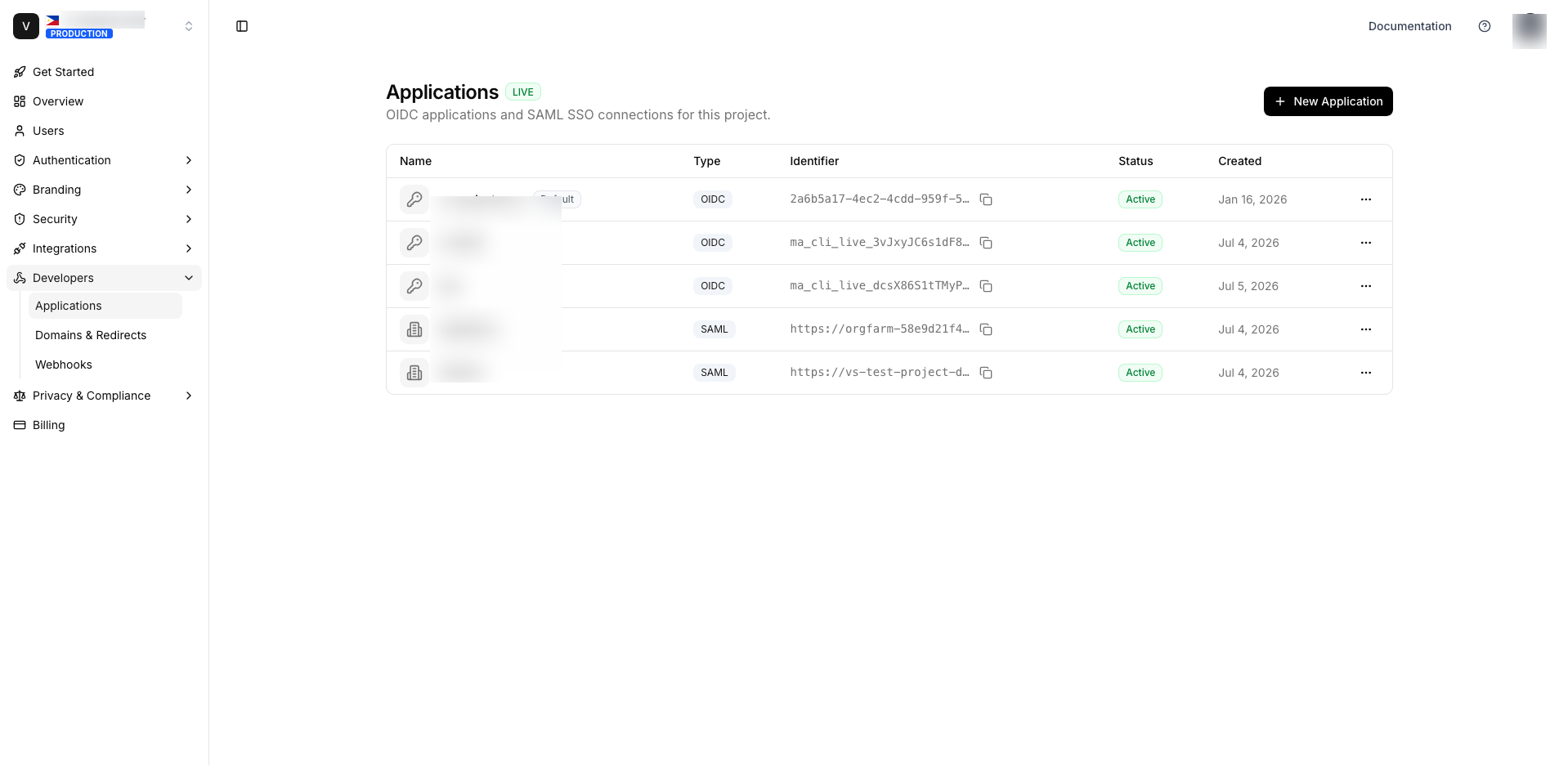 The Applications list in the MojoAuth dashboard, showing OIDC applications and SAML SSO connections with their type, identifier, status and created date.