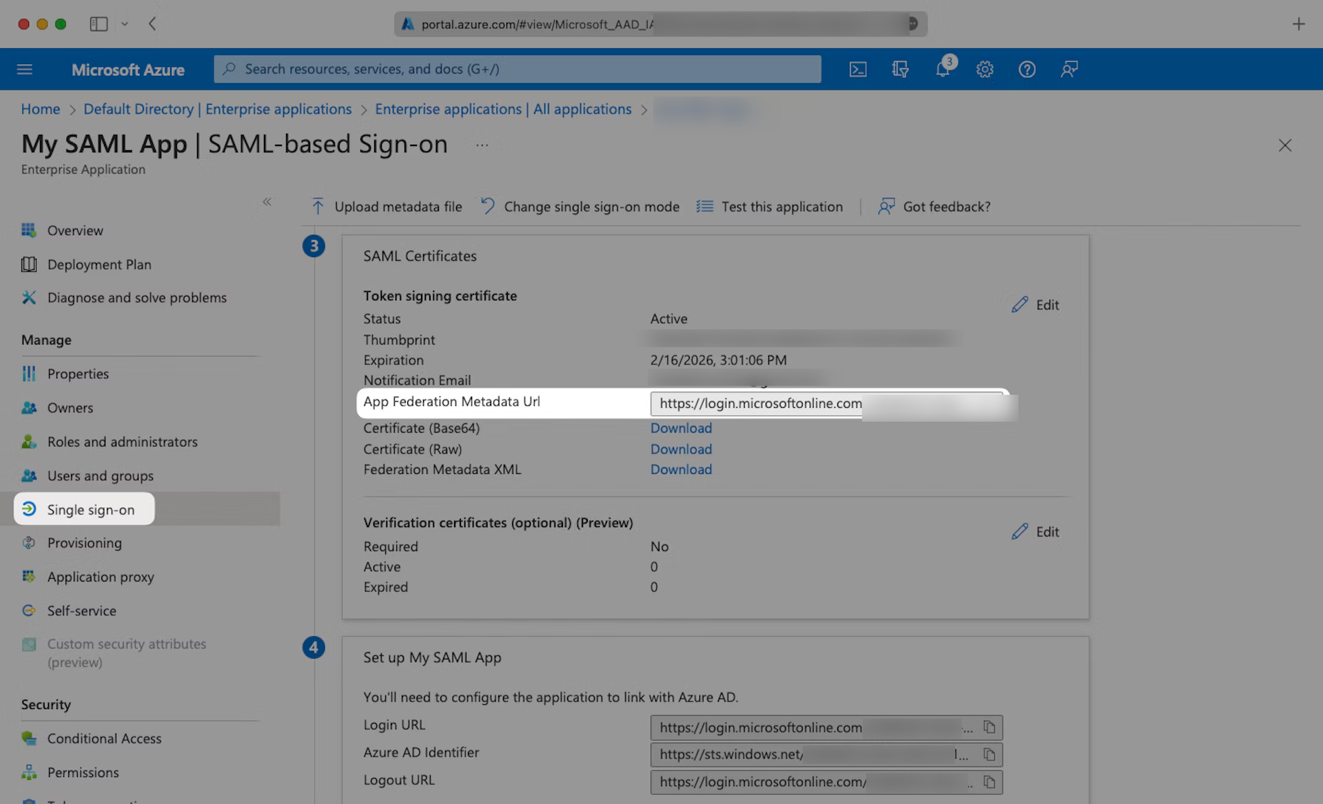 App Federation Metadata Url