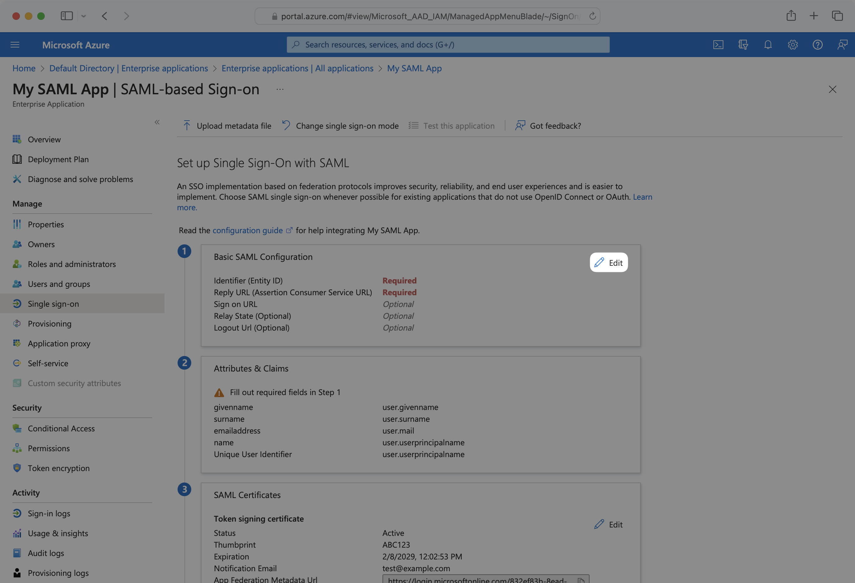 Edit Basic SAML Configuration