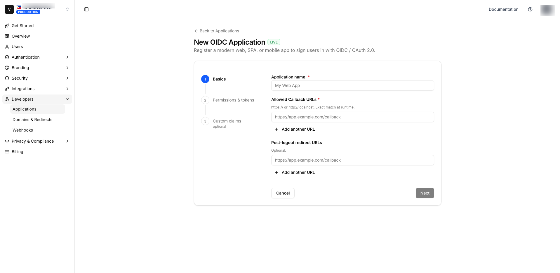 OIDC application wizard, Step 1 Basics: application name, allowed callback URLs and post-logout redirect URLs.