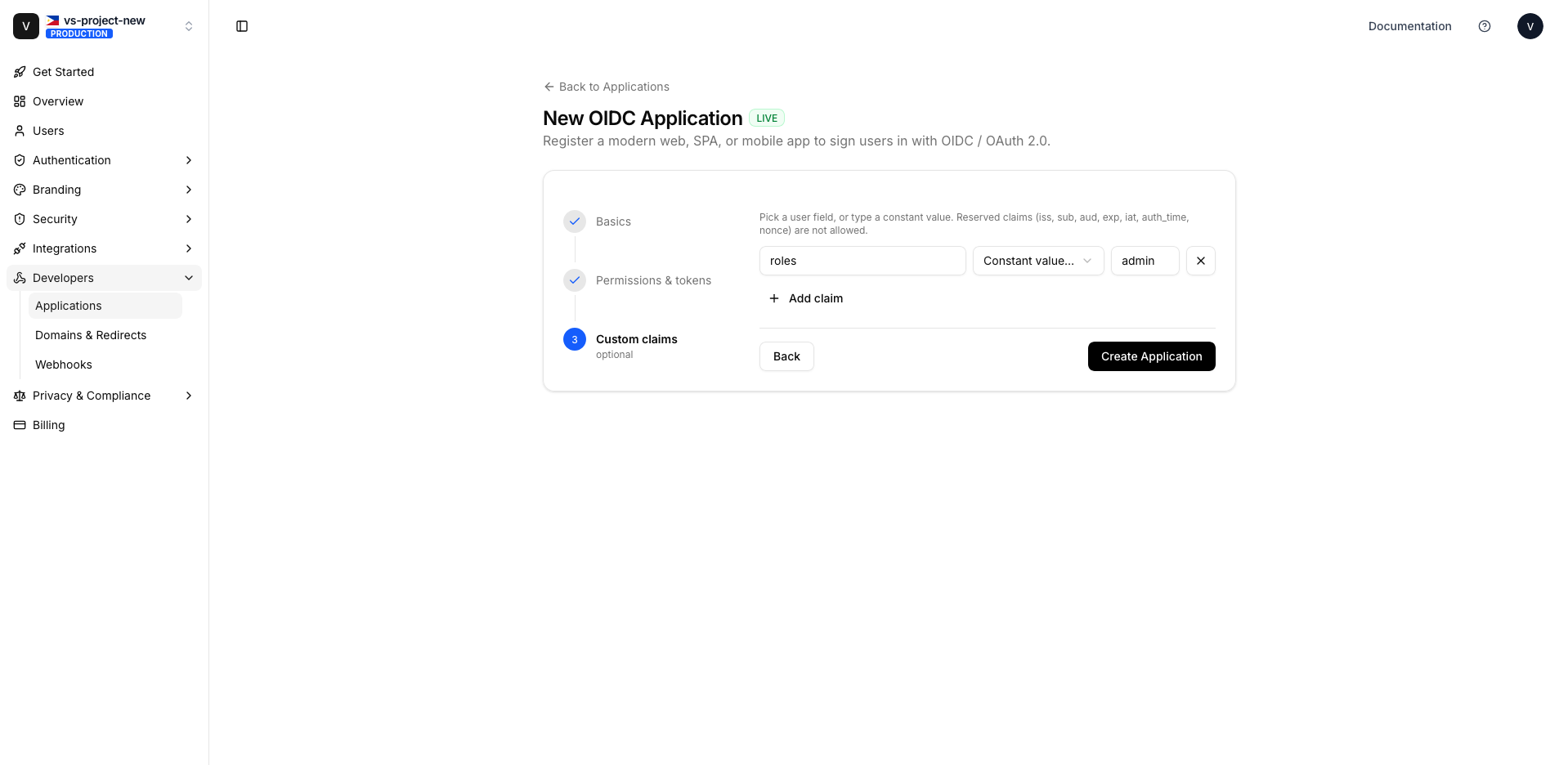 OIDC application wizard, Step 3 Custom claims: mapping a claim named "roles" to the constant value "admin".