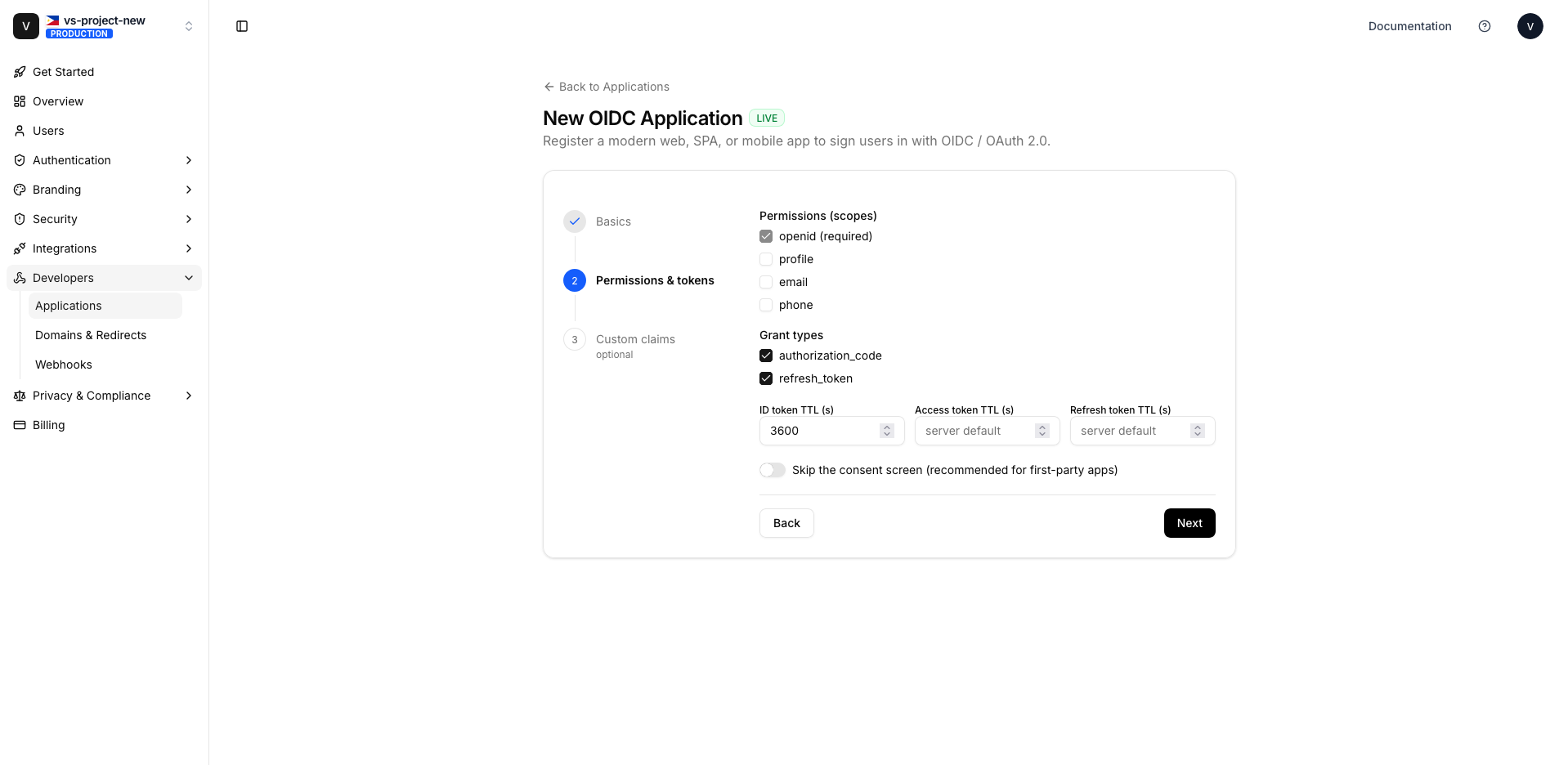 OIDC application wizard, Step 2 Permissions & tokens: scopes, grant types, token TTLs and the skip-consent toggle.